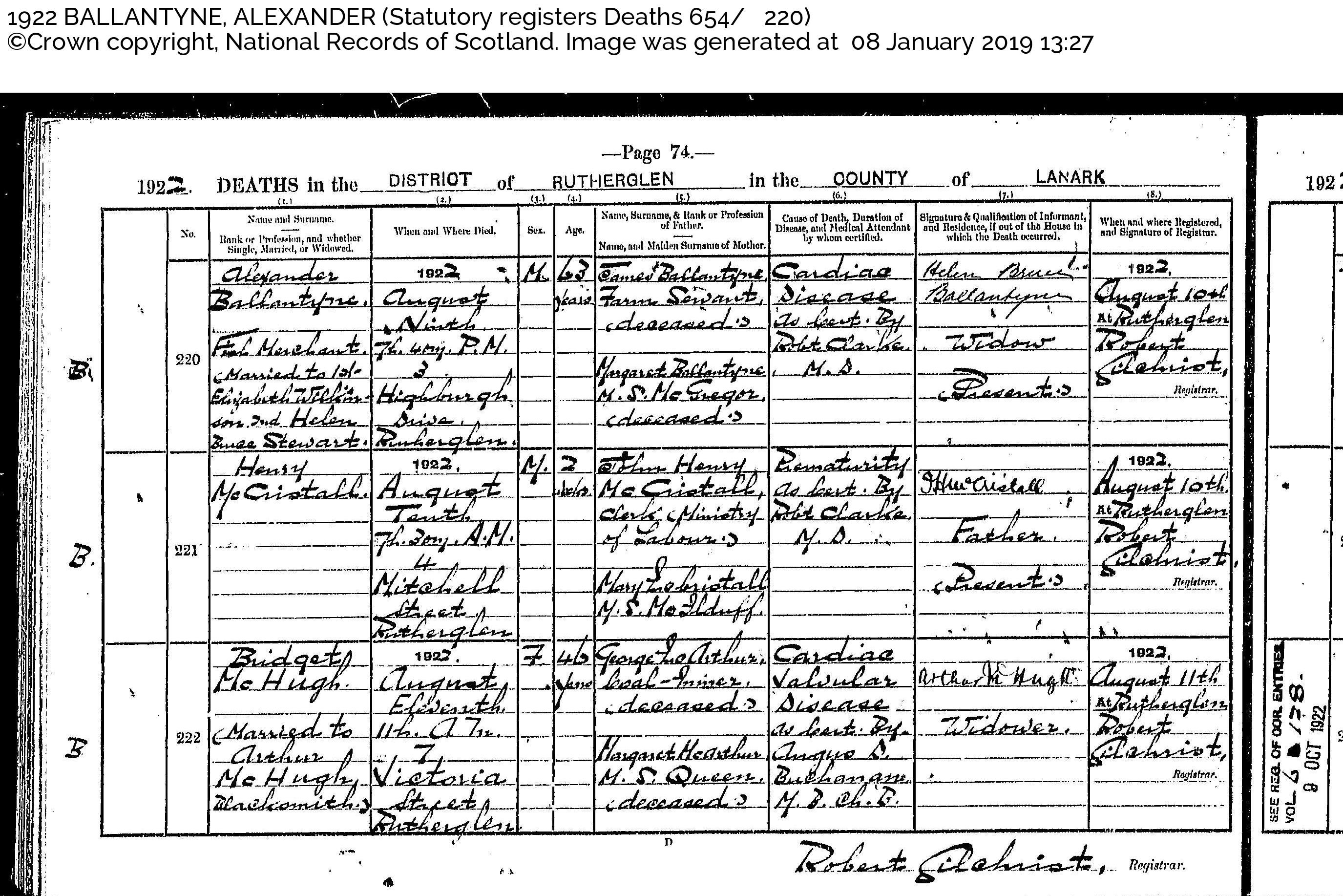 AlexanderBallantine_D1922 Rutherglen, August 9, 1922, Linked To: <a href='profiles/i7587.html' >James Ballantyne</a> and <a href='profiles/i7290.html' >Margaret (Peggy) McGregor 🧬</a>